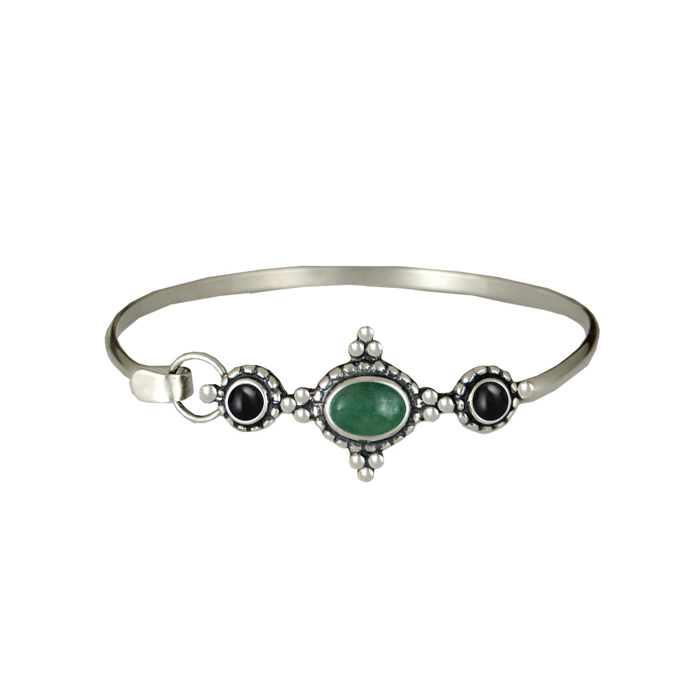 Sterling Silver Gemstone Strap Latch Spring Hook Bangle Bracelet Jade And Black Onyx